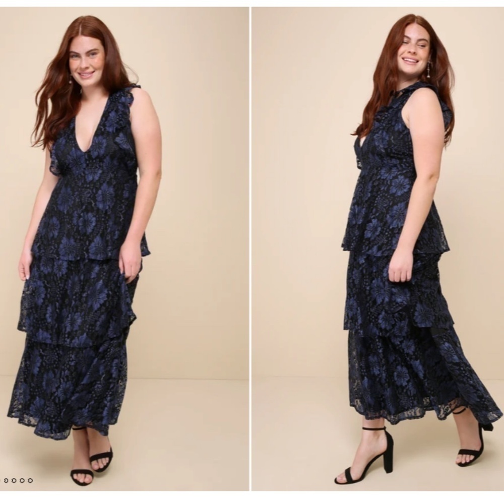 LULU's Sexy FLowy Prom Wedding Bridesmaid Tiered Lace Floral Ruffles Maxi - Picture 5 of 8